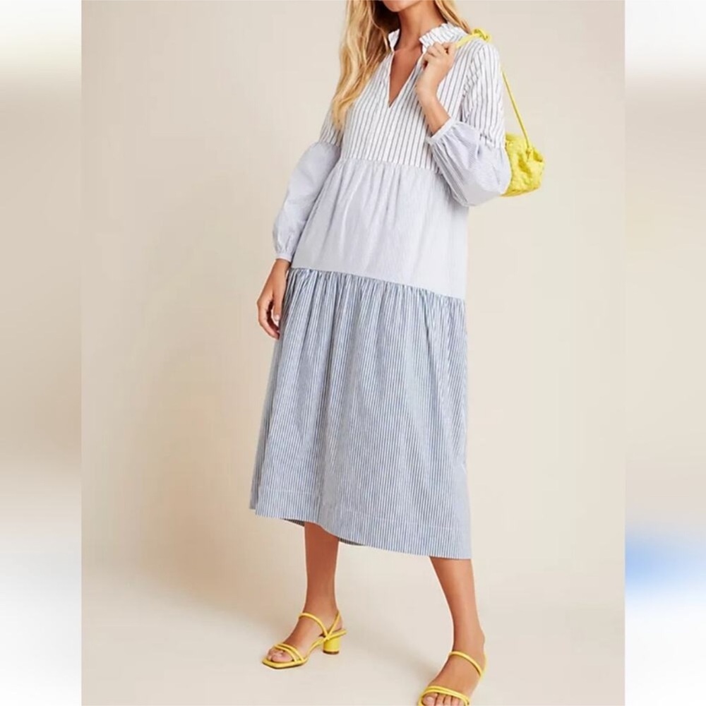 Maeve Anthropologie Bonnie Stripe Tiered Midi Blue Dress size XS - Picture 3 of 13